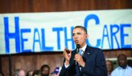 Former US, President Barack Obama speaks about the Affordable Care Act, at Temple Emanu-El in Dallas, Texas.