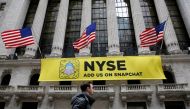 FILE PHOTO: A Snapchat sign hangs on the facade of the New York Stock Exchange (NYSE) in New York City, U.S., January 23, 2017. REUTERS/Brendan McDermid/File Photo

