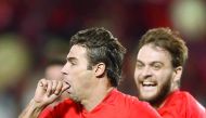 Al Rayyan's Gonzalo Viera celebrates after scoring a goal during the Asian Champions League play-off match against Al Wahda at the Jassim Bin Hamad Stadium in Doha yesterday. 