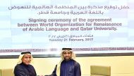 WORAL Director-General Dr Ali Ahmed Al Kubaisi with QU President Dr Hassan Rashid Al Derham.