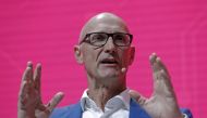 Timotheus Hoettges, Chief Executive Officer of Germany's telecommunications giant Deutsche Telekom AG, gestures during his speech at Mobile World Congress in Barcelona, Spain, February 27, 2017. REUTERS/Eric Gaillard