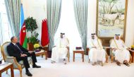 Emir H H Sheikh Tamim bin Hamad Al Thani and President of Azerbaijan, Ilham Aliyev, during talks at the Emiri Diwan, yesterday. Deputy Emir H H Sheikh Abdullah bin Hamad Al Thani and Prime Minister and Interior Minister H E Sheikh Abdullah bin Nasser bin 