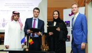 Luk Kelles (second left), Founder and Chairman, Belgium Business Club Qatar (BBCQ), and Amal Abdullah Al Aathem exchanging documents after signing an MoU at the Belgium Embassy. Sheikh Turki bin Faisal bin Qassim Al Thani (left), Honorary President, BBCQ;