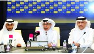 Officials of Aspire Academy from left, Salah Al Yafi, Leadership Training Officer; Ali Salem Afifa, Deputy Director General; and Badr Jassim Al Hay, Director of Education and Student Care; addressing the media at the Aspire premises in Doha on Sunday. Pic