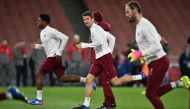Bayern Munich's forward Thomas Mueller attends a team training session ahead of their UEFA Champions League round of 16 second leg football match against Arsenal, at the Emirates Stadium in London on March 6, 2017. / AFP / Glyn KIRK
