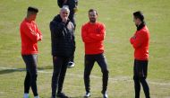 Manchester United coach Jose Mourinho with Juan Mata, Marcos Rojo and Ander Herrera during training, Rostov-on-Don, Russia. Reuters / Maxim Shemetov
