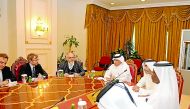 Minister of State for Foreign Affairs H E Sultan bin Saad Al Muraikhi met with the Chairman of European Union's (EU) Middle East and Gulf Working Group, Roberto Storaci, and the accompanying delegation. They discussed Qatar-EU relations and means to promo