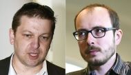 File photo of former Pricewaterhouse Coopers employee Antoine Deltour (right) and colleague Raphael Halet (left). PHOTO: AFP
