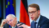 German Bundesbank President Jens Weidmann (right) and German Finance Minister Wolfgang Schaeuble  address a news conference at the G20 Finance Ministers and Central Bank Governors Meeting in Baden-Baden, Germany,