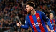 Barcelona's Lionel Messi celebrates his second goal. REUTERS/Juan Medina
