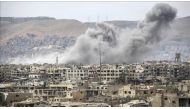 DAMASCUS, SYRIA - MARCH 21: Smoke rises after the war crafts belonging to the Assad regime forces carried out airstrikes on the opposition-controlled areas in the Jobar neighborhood of Damascus, Syria on March 21, 2017. ( Ammar Süleyman - Anadolu Agency )
