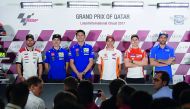 MotoGP riders pose for a photograph during a press conference held at Losail International Circuit yesterday. The riders will begin their hunt for the title when the new MotoGP season starts on Sunday at Qatar's iconic Losail International Circuit. 