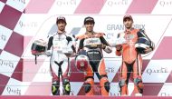 Podium winners of Qatar Superstock 600 Race 1, pose for a photograph at the Losail International Circuit yesterday.