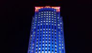 The Ooredoo Tower lit up in blue yesterday.