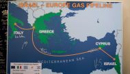 A picture shows a map explaining the Israel-Europe gas pipeline during an energy summit in Tel Aviv on April 3, 2017. (AFP / JACK GUEZ)