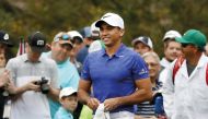Jason Day of Australia reacts during a practice round prior to the start of the 2017 Masters Tournament at Augusta National Golf Club on Monday in Augusta, Georgia.