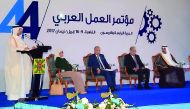 H E Dr Issa bin Saad Al Jafali Al Nuaimi, Minister of Administrative Development, Labour and Social Affairs and Chairman of the Arab Labour Organisation (ALO) Board of Directors, at the conference in Cairo yesterday.
