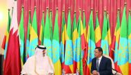 Emir H H Sheikh Tamim bin Hamad Al Thani holding talks with President of  Ethiopia, Dr Mulatu Teshome, at the National Palace in Addis Ababa, yesterday.
