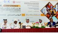 From Left: Jaber Al Marri from MADLSA, Shaik Hammad Al Shaikh, Director-General of Islamic Dawah Organisation, Dr Ali Al Mulla, Assistant Secretary-General of GOIC, Fahad Al Ghanim from MADLSA and Babiker Osman, Hawkama, at a conference yesterday. Pic: Sa