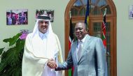 Emir H H Sheikh Tamim bin Hamad Al Thani with President of the Republic of Kenya, Uhuru Kenyatta,  at the Presidential Palace in Nairobi, yesterday.