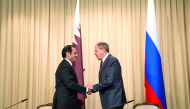 Foreign Minister  H E Sheikh Mohammed bin Abdulrahman Al Thani with his Russian counterpart Sergei Lavrov, in Moscow yesterday.