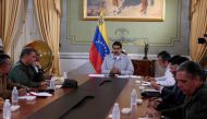 Venezuela's President Nicolas Maduro (C) speaks during a meeting with ministers at Miraflores Palace in Caracas, Venezuela April 16, 2017. Miraflores Palace/Handout via REUTERS.