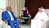 Foreign Minister H E Sheikh Mohammed bin Abdulrahman Al Thani with President of the Republic of Uganda Yoweri Museveni in Doha yesterday. Earlier, Minister of Municipality and Environment H E Mohamed bin Abdullah Al Rumaihi and Uganda's Ambassador to Qata