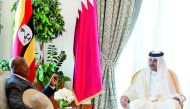Emir H H Sheikh Tamim bin Hamad Al Thani and President of the Republic of Uganda, Yoweri Kaguta Museveni, holding talks at the Emiri Diwan yesterday.