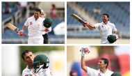 This combination of four pictures shows Pakistan's batsman Younis Khan celebrating after reaching his 10,000th Test run, on day three of the first Test match between West Indies and Pakistan at the Sabina Park in Kingston, Jamaica, on April 23, 2017. Khan