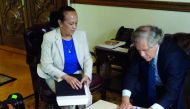 Carmen Velasquez (left), Interim Ambassador of Venezuela at the Organisation of American States, submits a letter to OAS Secretary-General Luis Almagro, formally starting the process to quit the 34-member-countries regional body.