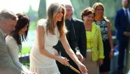US First Lady Melania Trump takes part in a ribbon cutting ceremony at the Children's National Health System in Washington, DC, yesterday. Trump spoke at the opening of the Bunny Mellon Healing Garden for patients and famlies, an outdoor location to safel