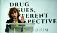 Agnes Callamard addresses a narcotics forum at a state-run university in Manila