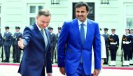  Emir H H Sheikh Tamim bin Hamad Al Thani with President of Poland, Andrzej Duda, in Warsaw.