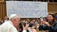 This handout picture released by the Vatican press office shows Pope Francis during an audience to participants in the meeting organized by the National Peace and Human Rights Coordination Unit at the Paul VI audience Hall on May 6, 2017 in Vatican.