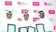 Mohammed Masoud Al Marri, Director of Infrastructure Affairs; Lahdan Al Muhannadi, Director of Buildings Affairs; Abdul Muhsin Hassan Al Rashid, Manager of Buildings Projects Department, after receiving Ashghal’s awards.