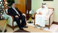 Minister of Economy and Commerce H E Sheikh Ahmed bin Jassim bin Mohammed Al Thani with Minister of Commerce of Pakistan, Khurram Dastagir Khan, yesterday. 