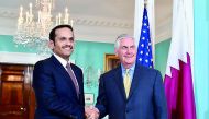 Minister of Foreign Affairs H E Sheikh Mohammed bin Abdulrahman Al Thani with US Secretary of State Rex Tillerson in Washington, yesterday. The meeting reviewed the latest developments in the region, especially in Syria.
