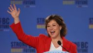 British Columbia Premier Christy Clark waves to supporters after delivering a speech at the B.C Liberal election party in Vancouver, British Columbia, Canada.