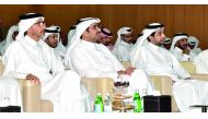 Minister of Culture and Sports H E Salah bin Ghanim Al Ali (left), Minister of Energy and Industry H E Dr Mohammed bin Saleh Al Sada (centre), and QU President Dr Hassan Al Derham at the first session of 'Tajrebaty' Initiative, hosted by Qatar University,