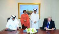 Minister of Foreign Affairs H E Sheikh Mohammed bin Abdulrahman Al Thani witnessing the signing of the agreement between Qatar Fund for Development and OCHA.