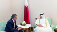 Prime Minister and Interior Minister, H E Sheikh Abdullah bin Nasser bin Khalifa Al Thani, with Foreign Minister of the Republic of Costa Rica, Manuel Gonzalez Sanz, on the sidelines of the Doha Forum, at Doha Sheraton Hotel, yesterday.
