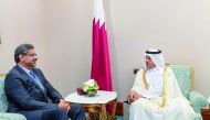 Prime Minister and Interior Minister, H E Sheikh Abdullah bin Nasser bin Khalifa Al Thani, with  and Minister of Petroleum and Natural Resources of the Islamic Republic of Pakistan, Shahid Khaqan Abbasi, on the sidelines of the Doha Forum, at Doha Sherato