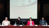 FROM LEFT: Faryal Khan from Unesco Doha; Dr Hamda Al Sulaiti, Secretary-General of Qatar National Committee for Education, Culture and Science; Anna Paolini, Director of Unesco, Doha; and Dr Abdelsalam Al Joufi from ABEGS, during the symposium on Sustaina