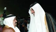 Emir H H Sheikh Tamim bin Hamad Al Thani is greeted at King Salman Air Base, by Governor of Riyadh Region, HRH Prince Faisal Bin Bandar bin Abdulaziz Al Saud, yesterday.
