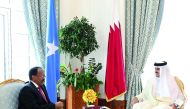 Emir H H Sheikh Tamim bin Hamad Al Thani with the President of the Republic of Somalia, Mohamed Abdullahi Mohamed Farmajo, at the Emiri Diwan yesterday. They discussed the means of enhancing bilateral cooperation and prospects of promoting it in various f