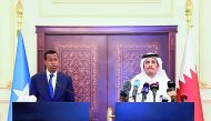 Foreign Minister H E Sheikh Mohamed bin Abdulrahman Al Thani with the Somalia Foreign Minister, Yussef Jarad Omar Ahmed, during a joint press conference in Doha yesterday.