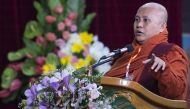 Myanmar hardline Buddist monk Wirathu speaks during a meeting following the decision of the State Sanhga Committee to abolish their group, in Yangon on May 27, 2017. / AFP.