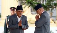 FILE PHOTO: Nepalese Prime Minister Pushpa Kamal Dahal aka Prachanda greets outgoing Prime Minister Khadga Prasad Sharma Oli in Kathmandu, Nepal, August 4, 2016 (REUTERS / Navesh Chitrakar) 