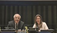 Ambassador Riyad Mansour, Permanent Observer of the State of Palestine to the United Nations, and Palestinian filmmaker Farah Nabulsi at a meeting in New York.
