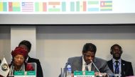 Liberia's President and ECOWAS (Economic Community of West African States) Chairperson Ellen Johnson Sirleaf (L) looks on as ECOWAS president Marcel De Souza (2-R) speaks during the ECOWAS summit on June 4, 2017 in Monrovia. AFP / Zoom Dosso
